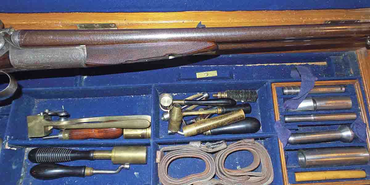 A two-tiered case of 12-bore shotgun and .577-.500 rifle accessories from the author’s collection.
